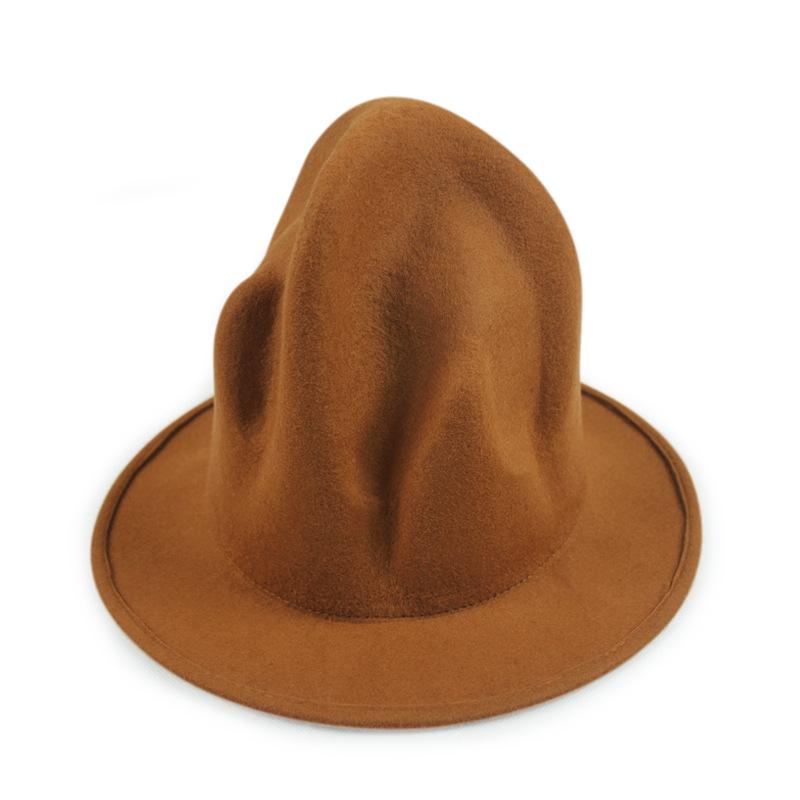 

Британский стиль Осень/Зима Шерстяная Остроконечная Шляпа Ведьмы: Модный джазовый дизайн с высоким верхом в цвете вулканической породы 56-58cm adjustable света кофе