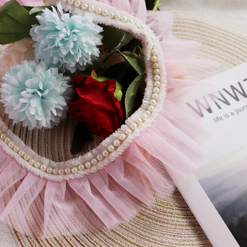 7cm Widened Pink Bead Ribbon Border Pleated Lace DIY Children's Clothing Collar Cuff Skirt Trim Sewing Decoration Accessories