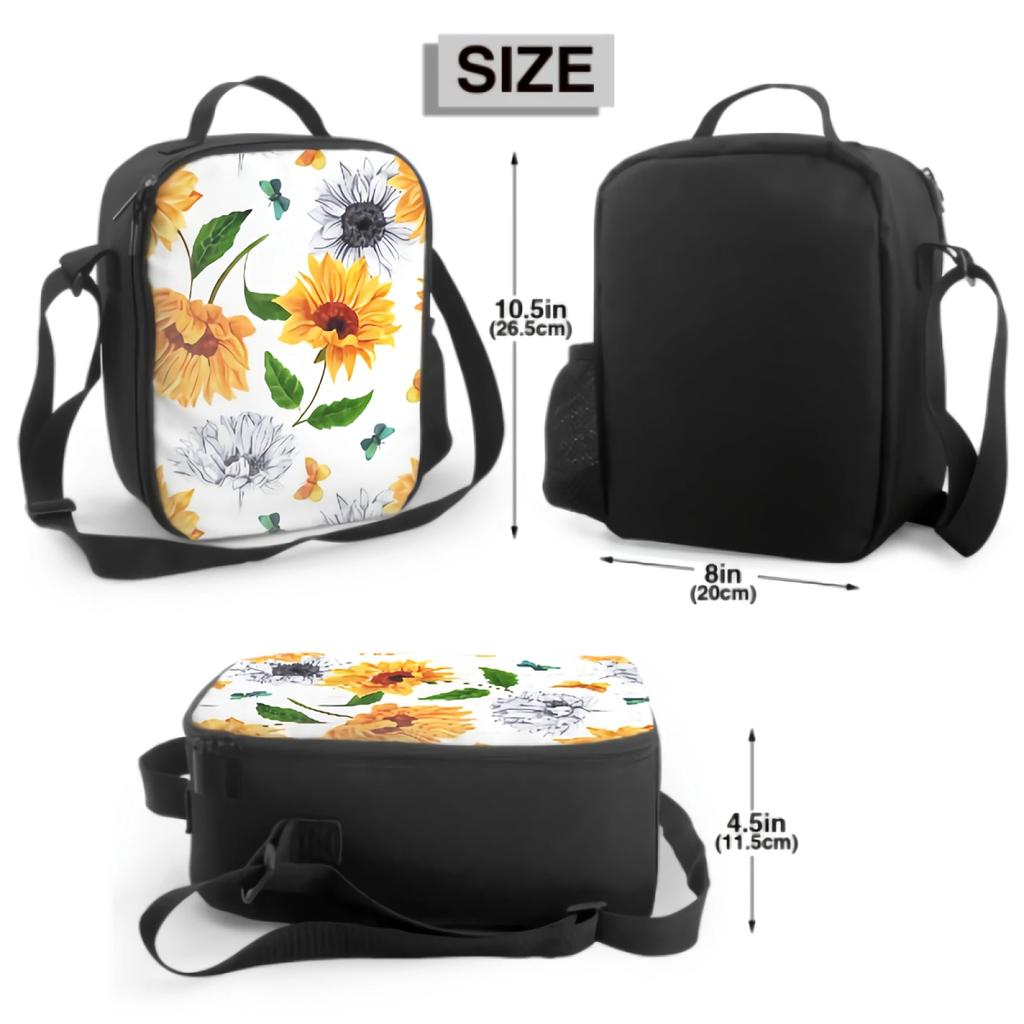 Watercolor Sunflowers And Butterflies Insulated Lunch Box Cooler Bag with Adjustable Shoulder Strap Bento Bag for Travel Picnic
