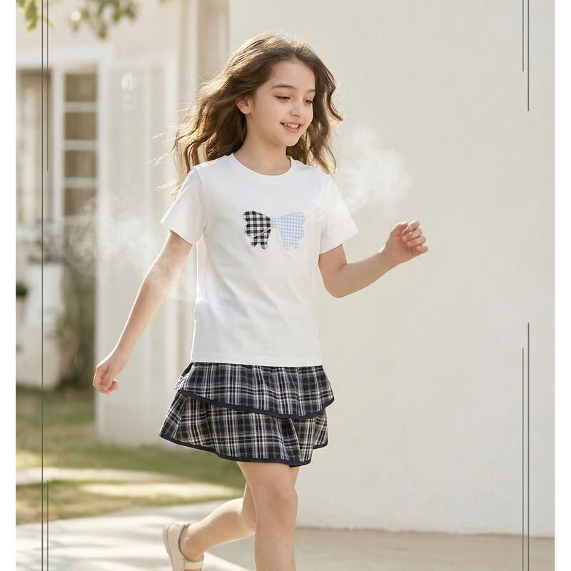 Montagut Girls  Sweet Plaid Bow Summer T-Shirt 140
