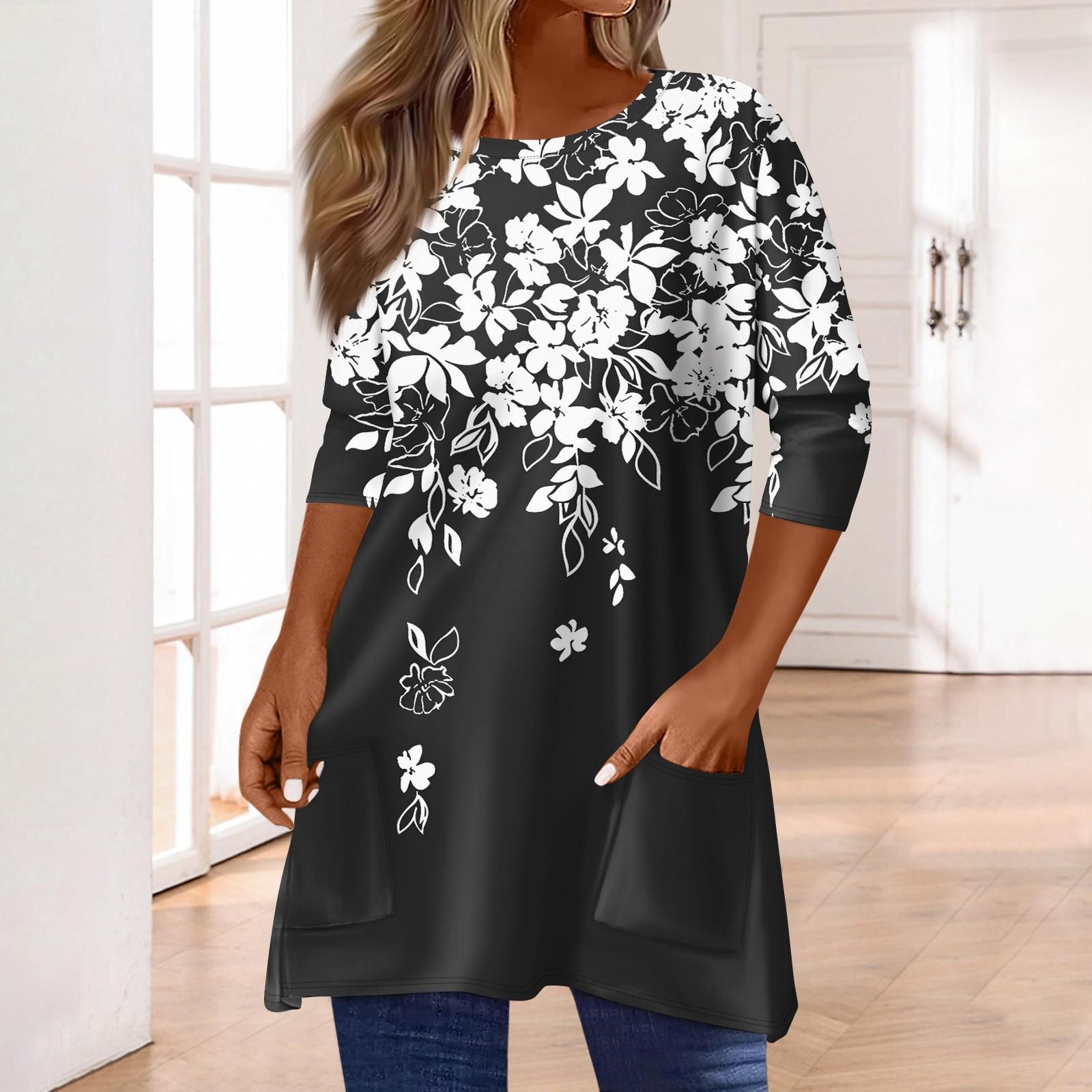 

Жіночі топи з кишенями з рукавом 3/4, футболка, повсякденний принт, топи середньої довжини, футболка, пуловер з круглим вирізом, блузка L