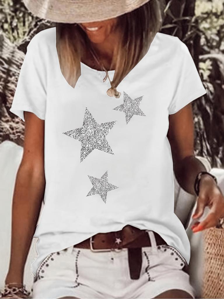 Women's Casual Round Neck Short Sleeve T-Shirt Sparkling Star Print Loose Fit Summer Fashion Regular Length Spring/Summer Wear