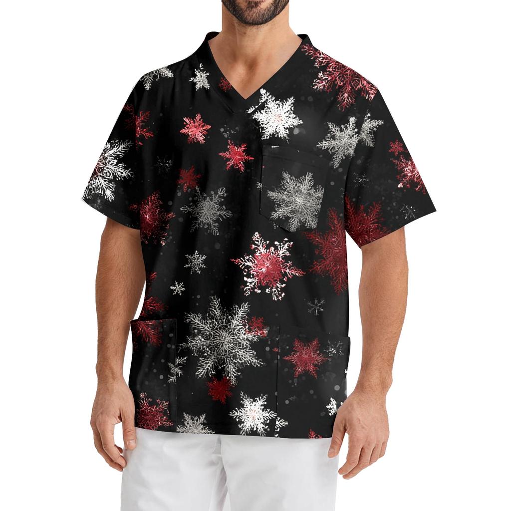 Men's Printing Short Sleeve V-neck Working Blouse Chest Pocket Carer Top