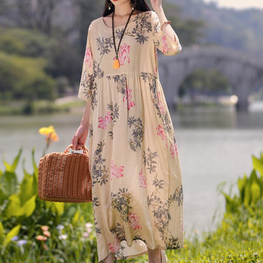 Dámske šaty v etnickom štýle Letné s potlačou veľkých rozmerov nad kolená Dlhé šaty so sedemštvrťovým rukávom