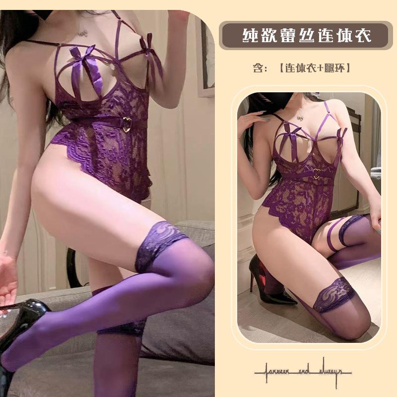 Sexy perspective no-take-off onesie bow suspender lace empty lingerie scheming woman