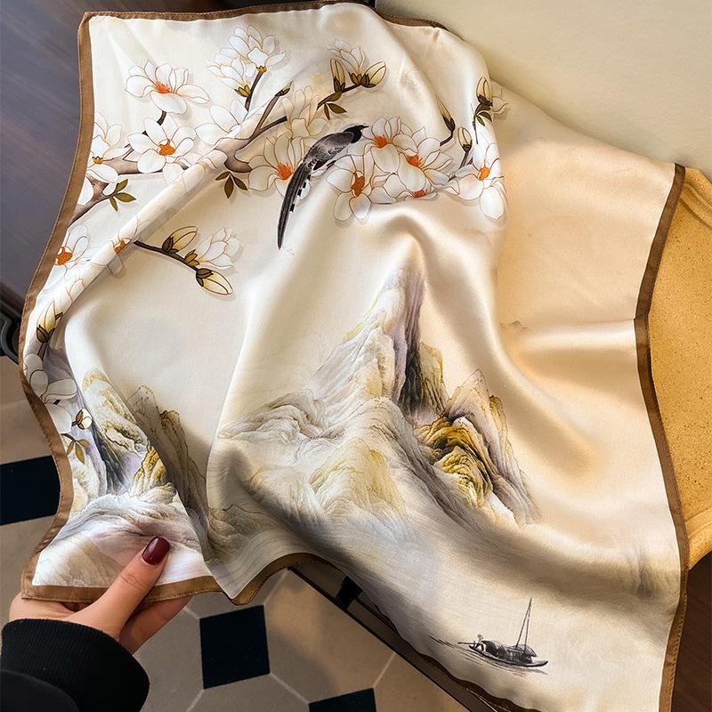 Spring New Chinese Elegant Silk Scarf Women's New Fashion Light Luxury Plain Crepe Satin Square Scarf 111% Mulberry Silk Scarf