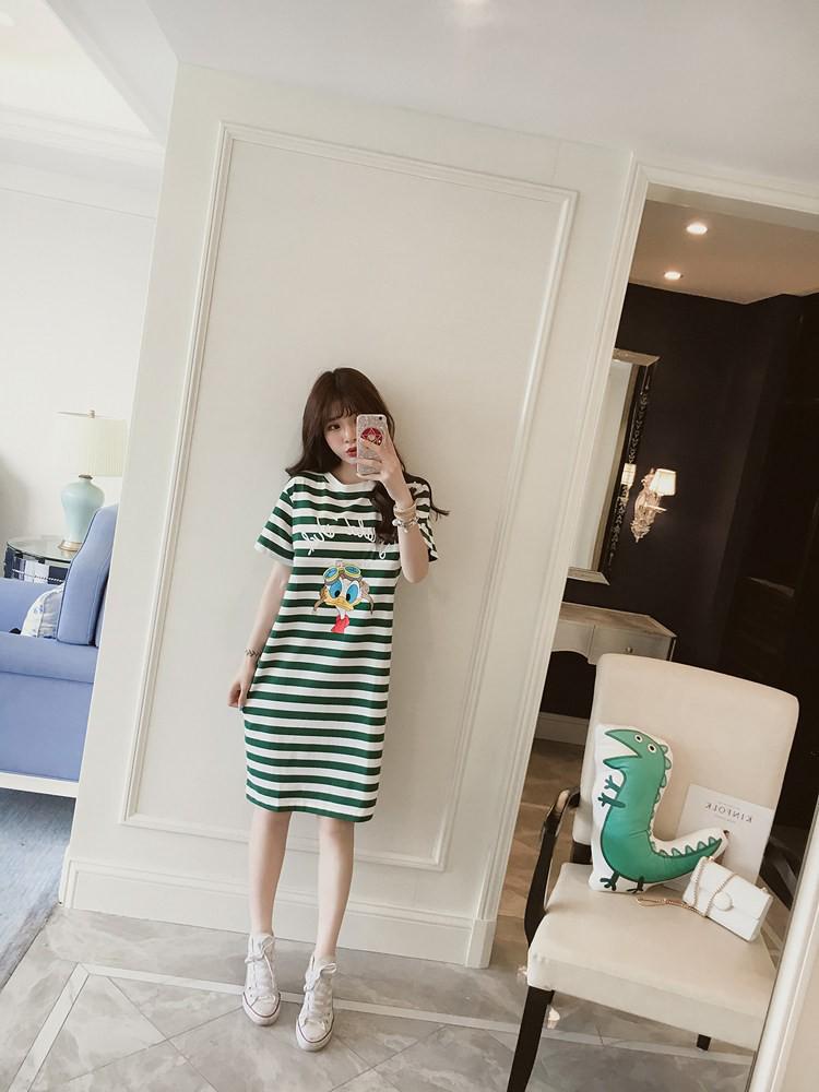 Striped Cartoon Maternity Nursing Dress - Casual & Fashionable 1708 M зелёный