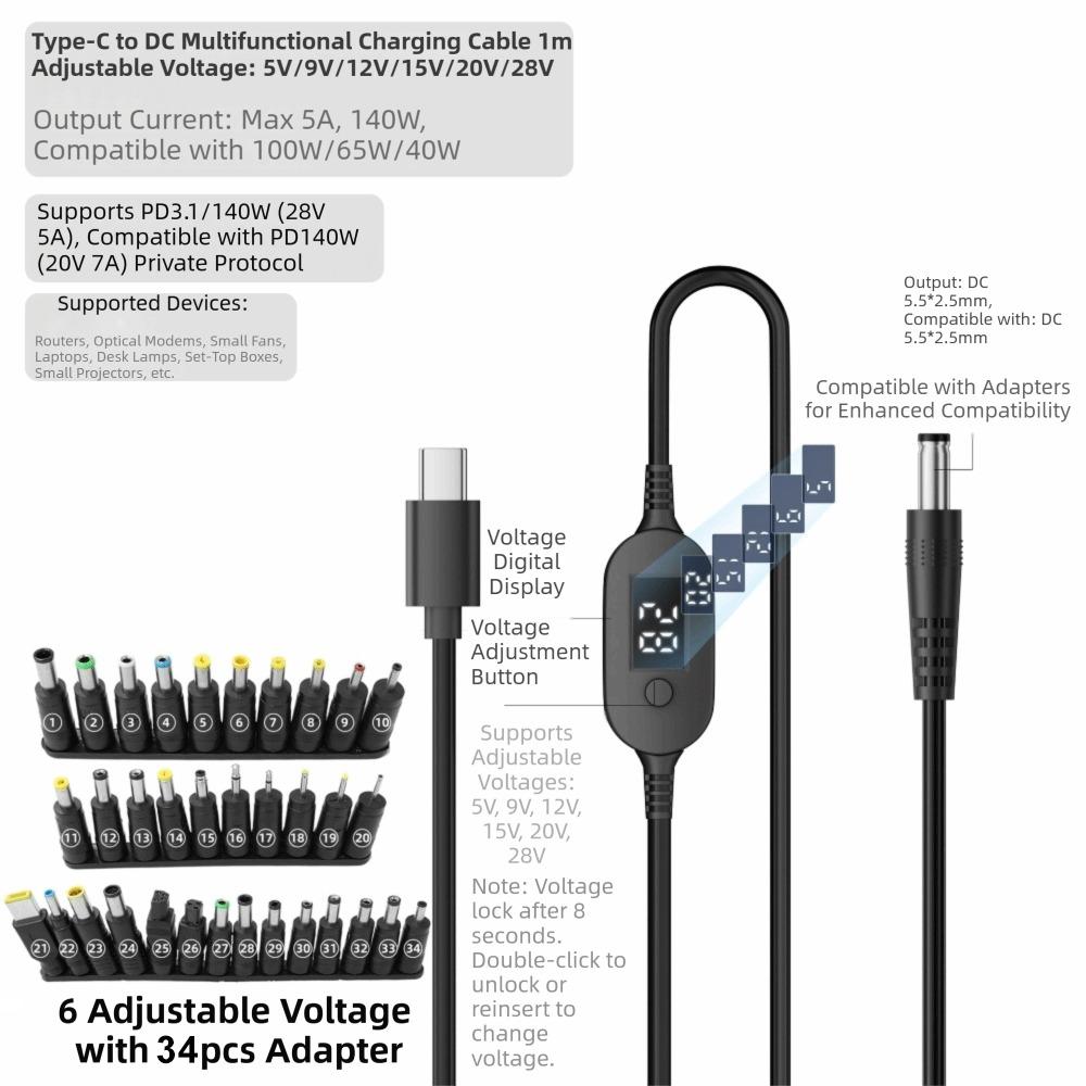 Digitales Display USB C auf DC 5525 Konverter 5V/9V/12V/15V/20V mit 28/34 Anschlussspitzen Typ-C zu DC Stromkabel