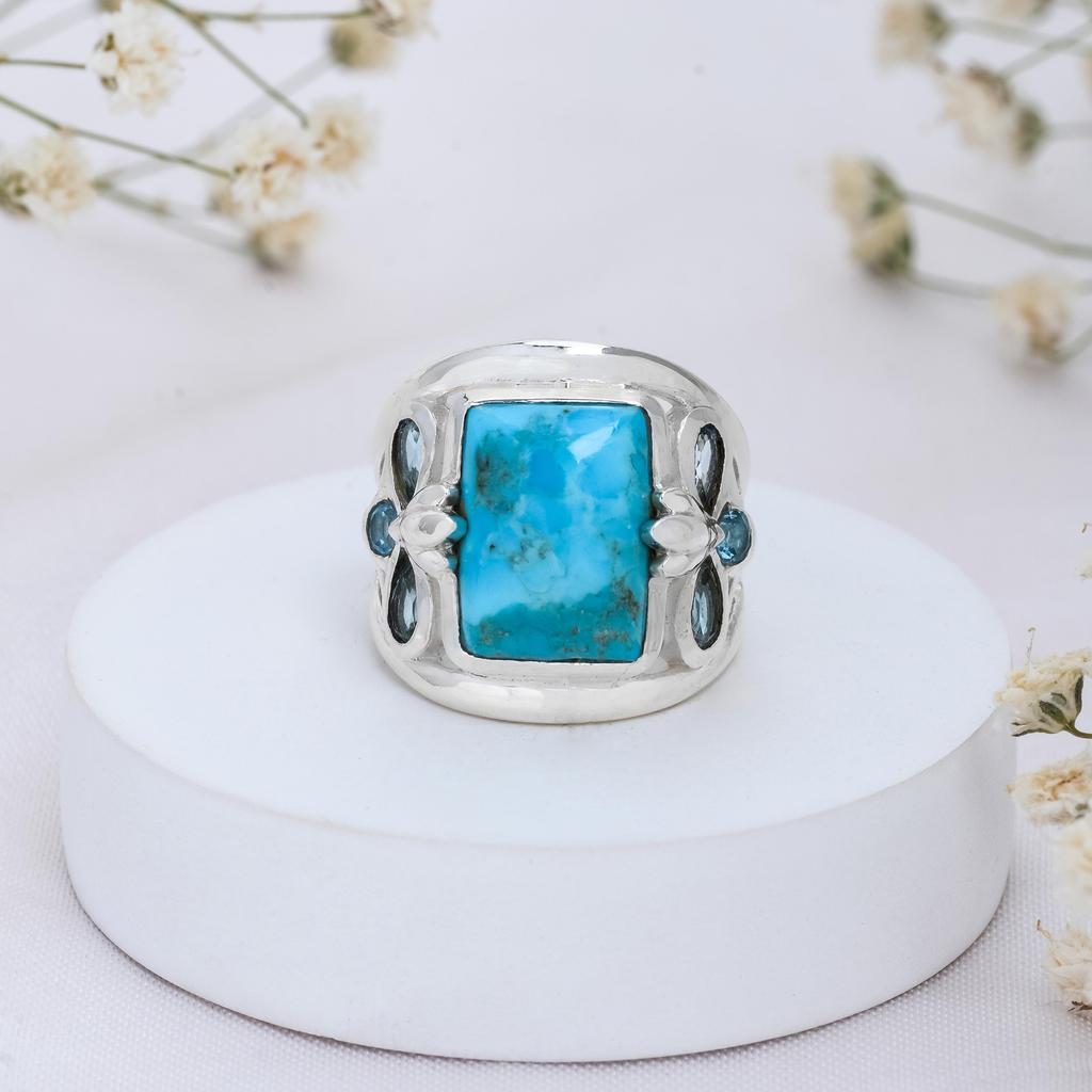 Natural Mojave Turquoise and Swiss Blue Topaz Ring in 925 Sterling Silver - Statement Butterfly Design - December Birthstone Jewelry Gift for Women