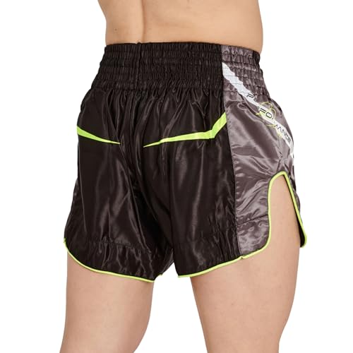 Leone 1947 Muay Thai Kickboxing Shorts, Unisex [LEVO FLUO] Satin Fabric with Wide Side Slits (Size XS), Black/Yellow, AB964F [Authentic]