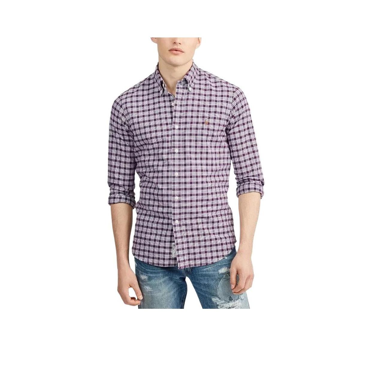 Polo Ralph Lauren Ss24 Клетчатая рубашка Оксфорд с вышивкой логотипа Pony и длинным рукавом Мужские рубашки Фиолетовый 710816534-002 XS gray