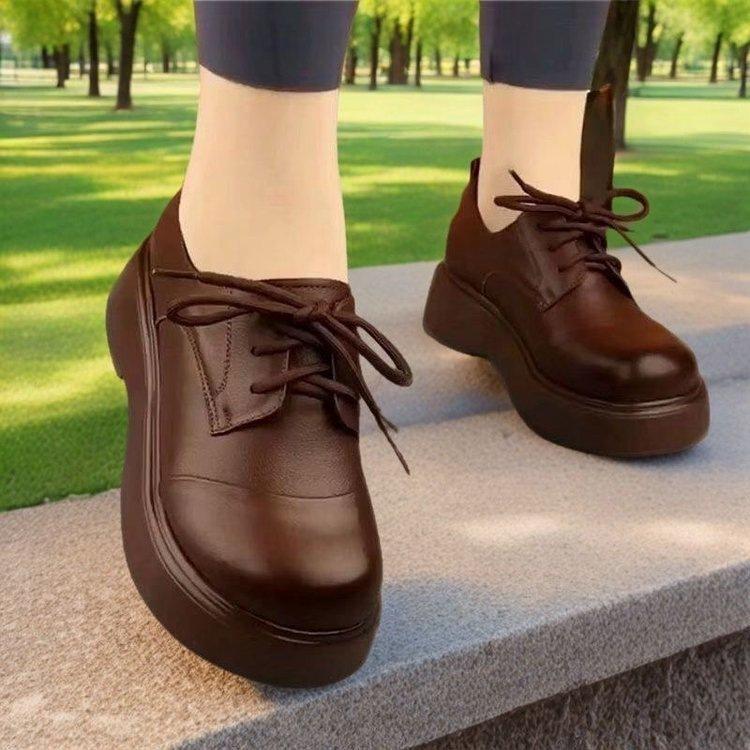 Round head lace-up leather shoes muffin platform new casual comfortable lightweight British leather shoes 40 темно-коричневого 2690₽