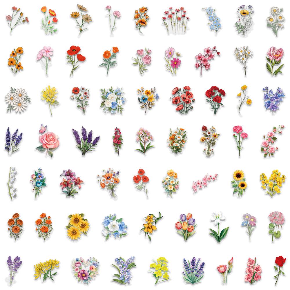 

60 Sheets Cartoon Flowers & Plants Transparent Stickers: Waterproof Decor for Journals, Water Bottles & Computers
