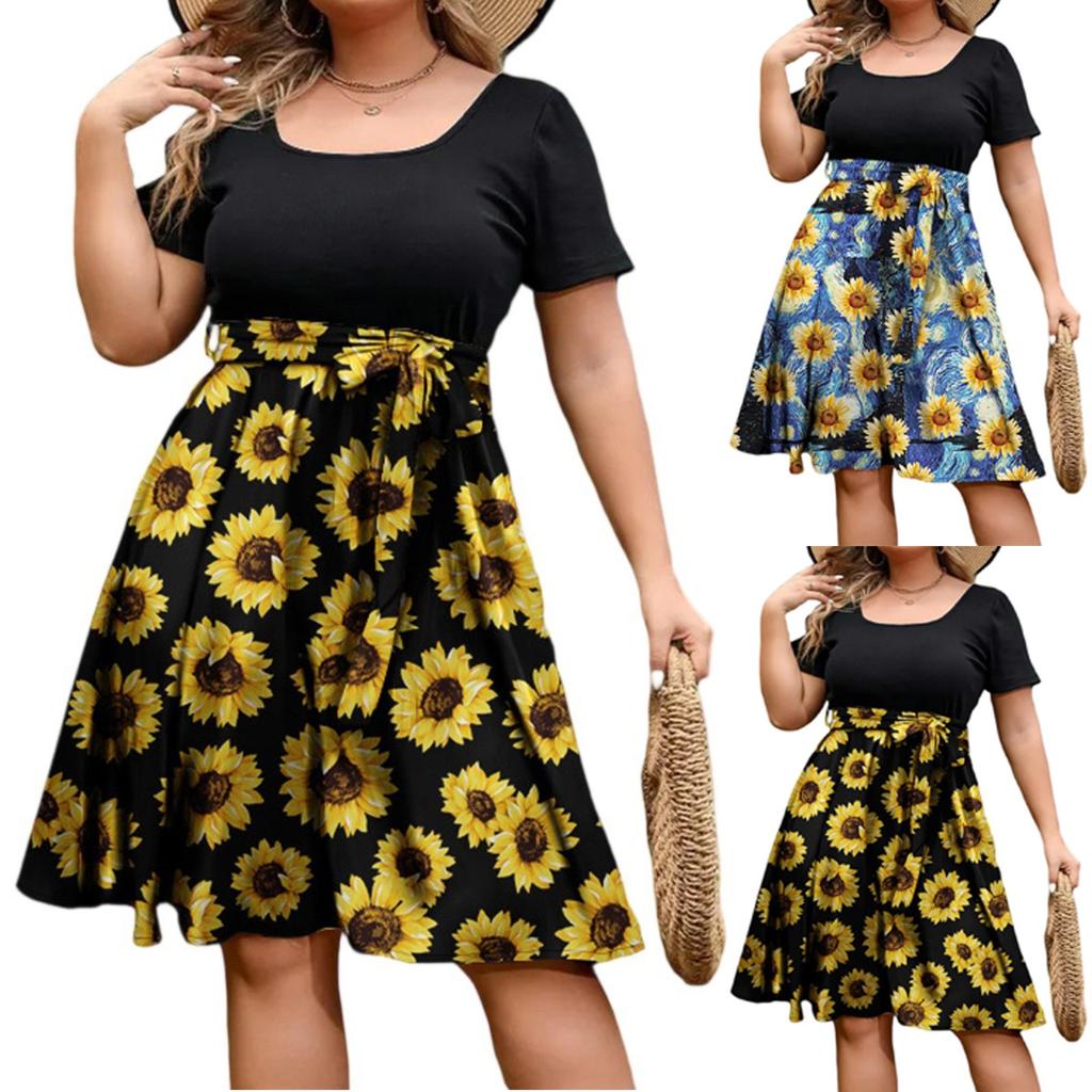 Women's Fashionable And Trendy Round Neck Short Sleeved Waist Print Dress In Plus Size