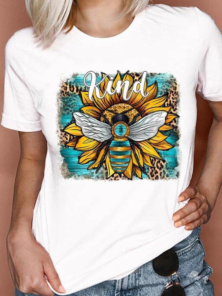 Women T Shirts Cartoon Bee Floral Queen Fashion Print Female Graphic T Top Female 90S Clothing Short Sleeve Shirt Tee T-Shirt