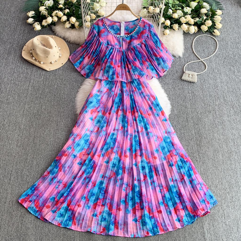 French light luxury heavy industry bead round neck lotus leaf sleeve dress women's summer waist thin pleated pendulum long skirt