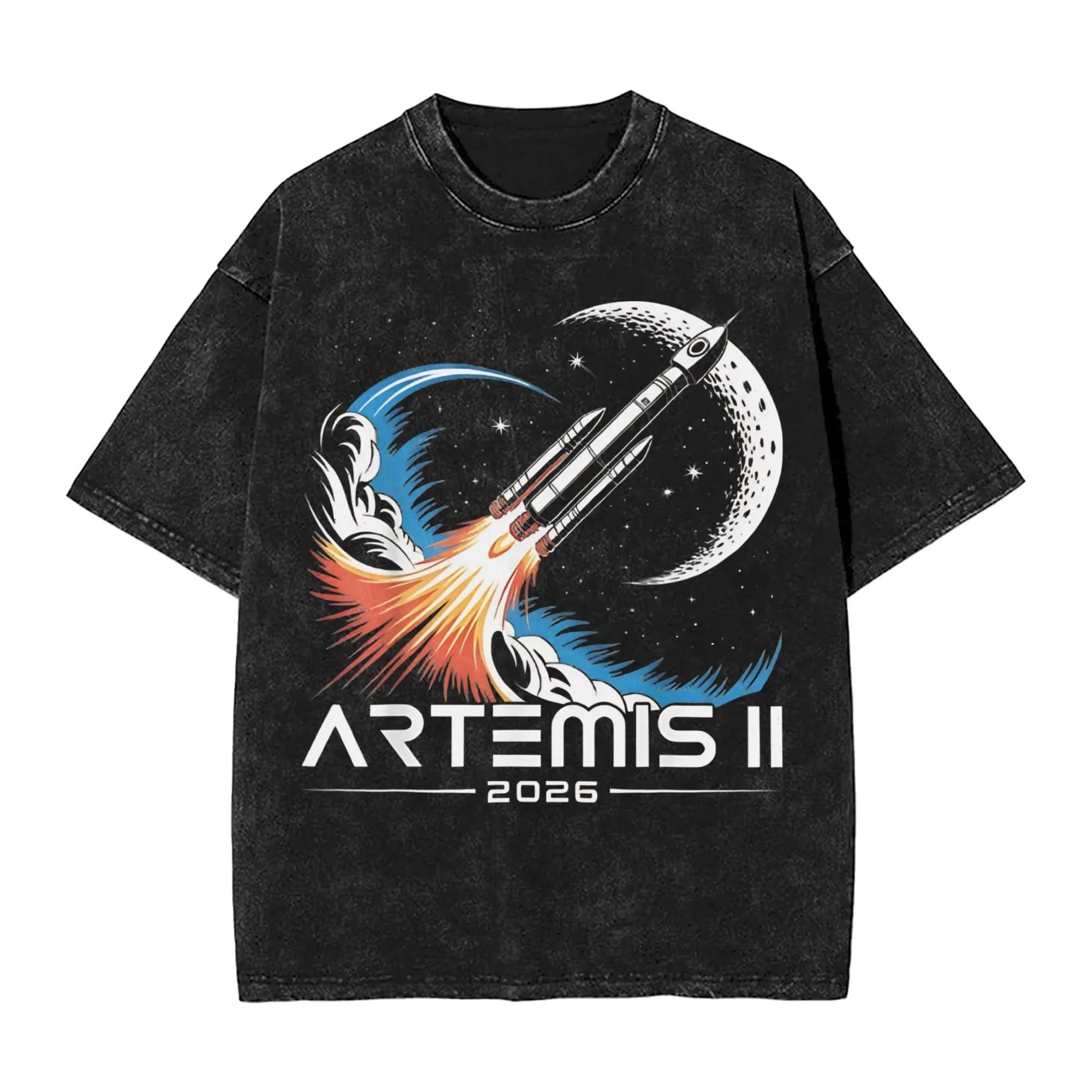 

Unisex T Shirt Washed Casual Tee Artemis II Back to the Moon Shirt Short Sleeve Crewneck TShirts Cotton Summer Clothing 2XL