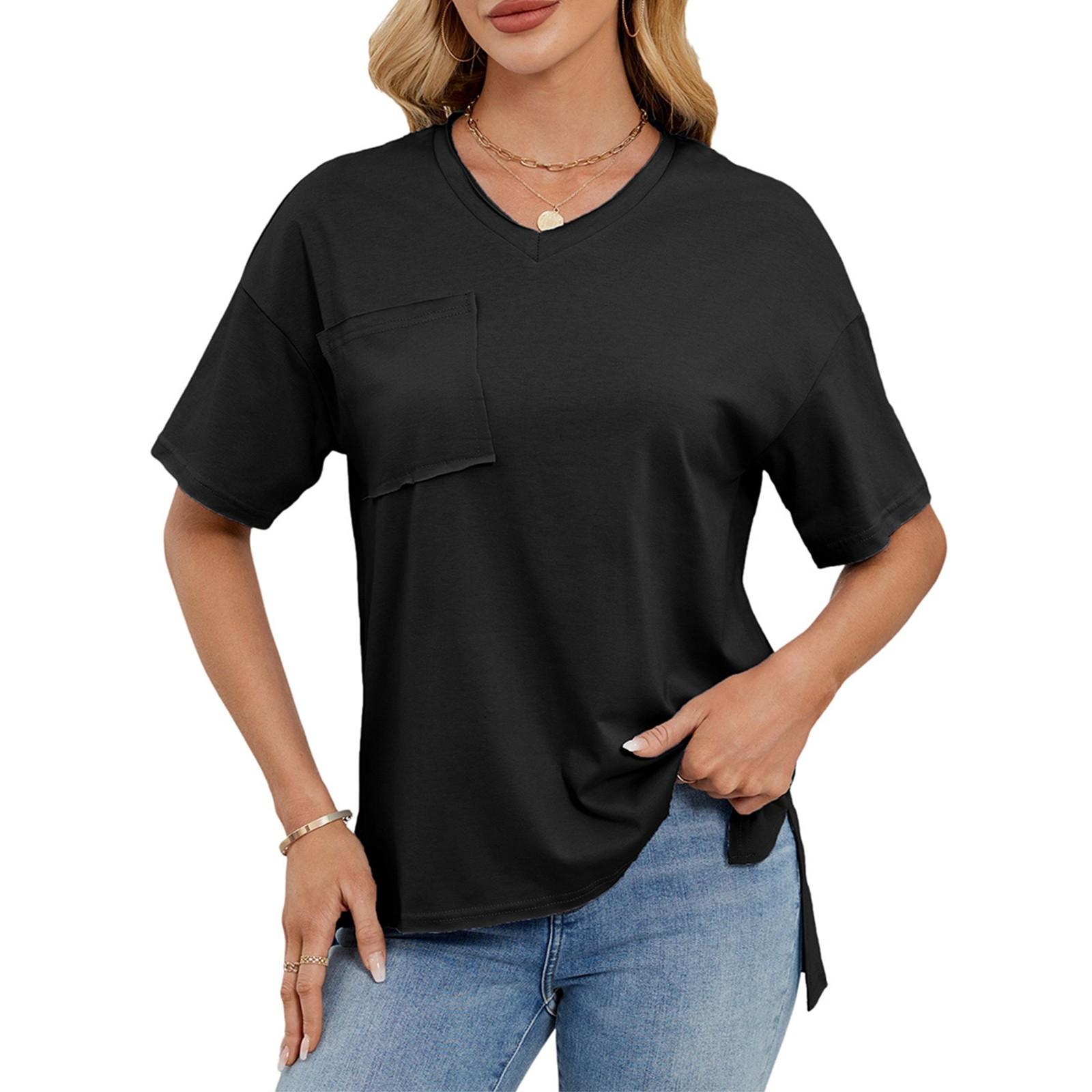 

Женская мода однотонный V-образный вырез короткий рукав карман свитер повседневная футболка топ L