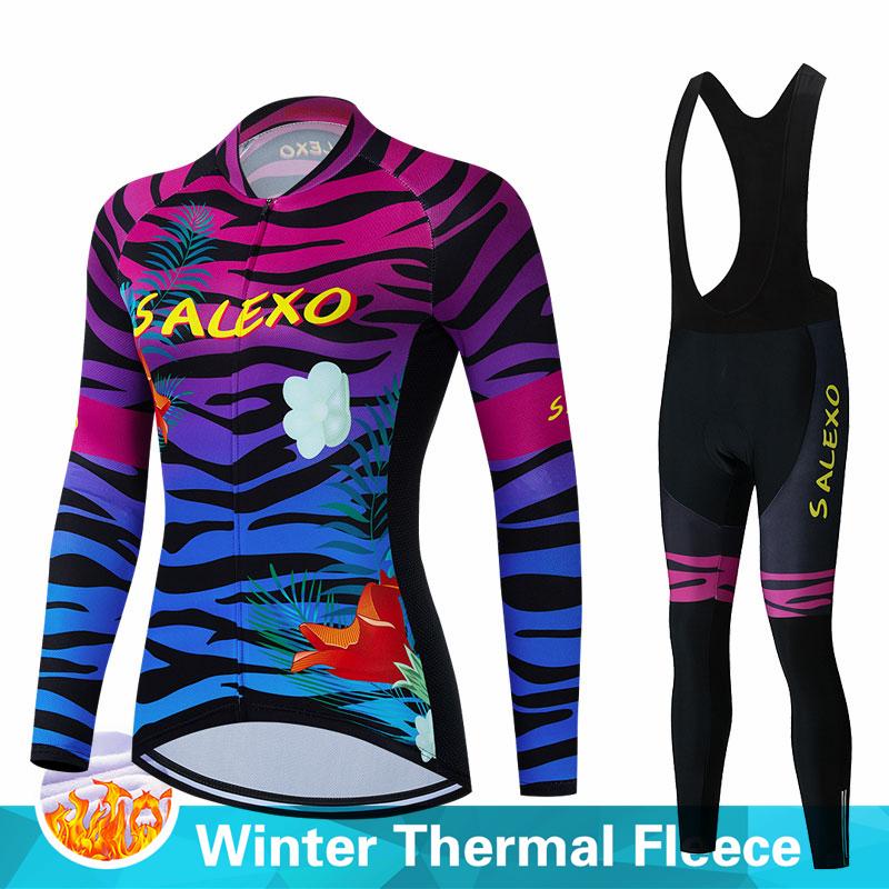 Warm 2023 Salexo Winter Thermal Fleece Cycling Clothes Women Jersey Suit Outdoor Bike MTB Clothing Bib Pants Set Ropa Ciclismo