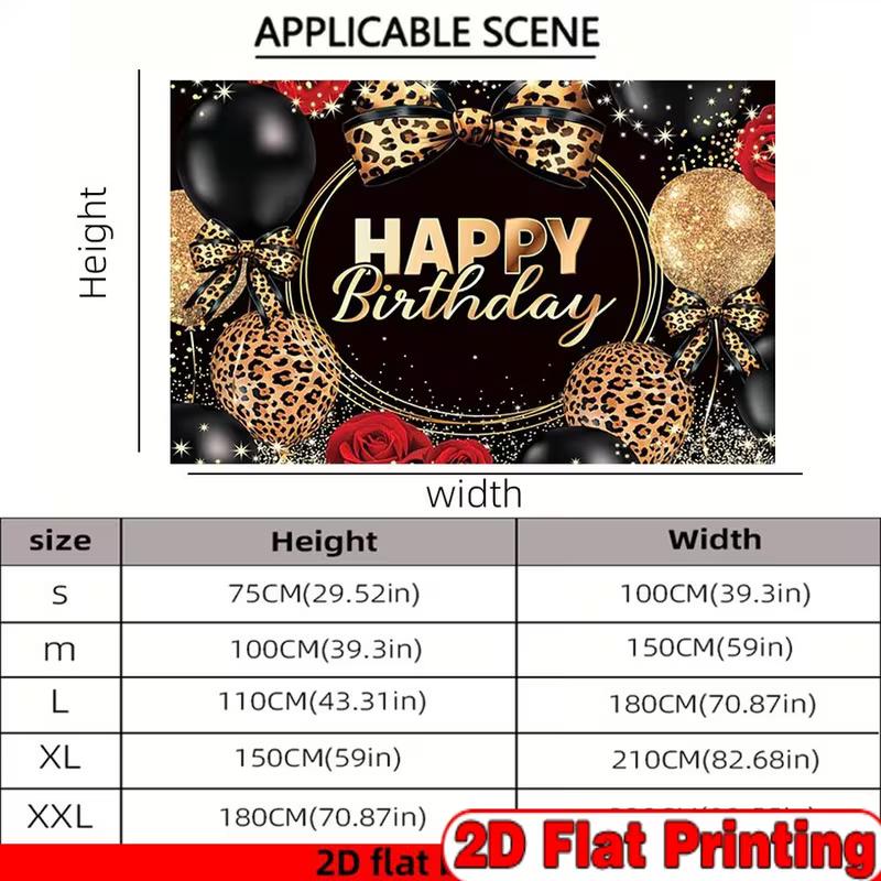 2D Leopard Print Happy Birthday Backdrop, Black Gold Balloon Party Decor