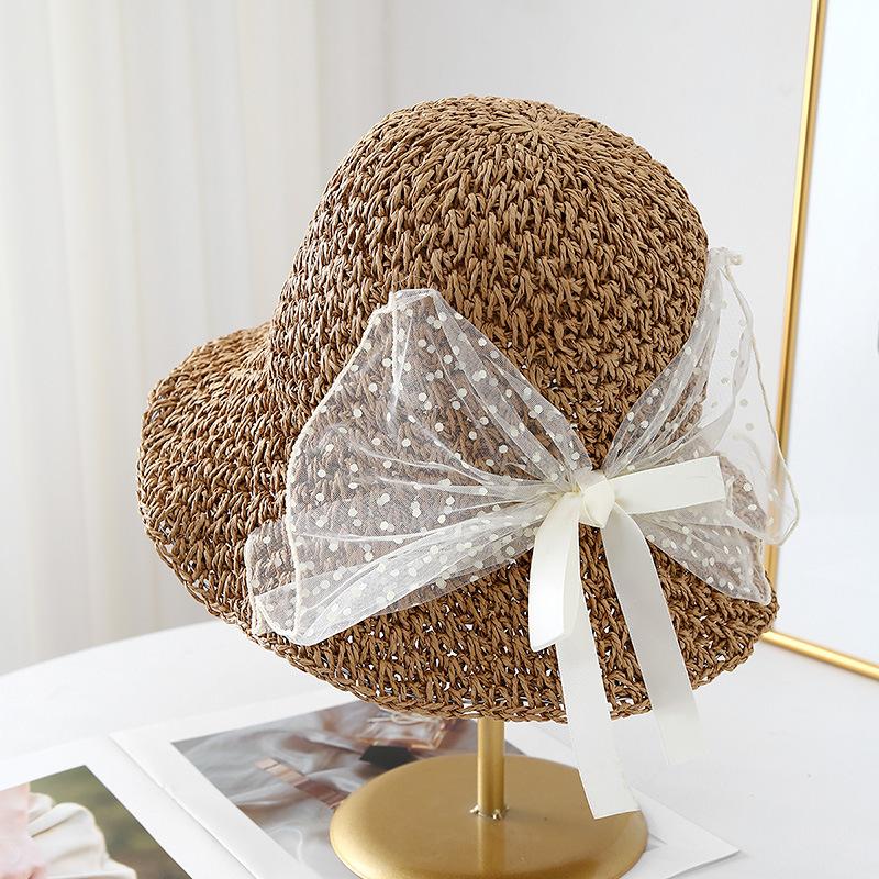 Lace Bow Straw Hat Summer Women's Beach Vacation Sun Hat Foldable Sunshade Sunscreen Bucket Hat