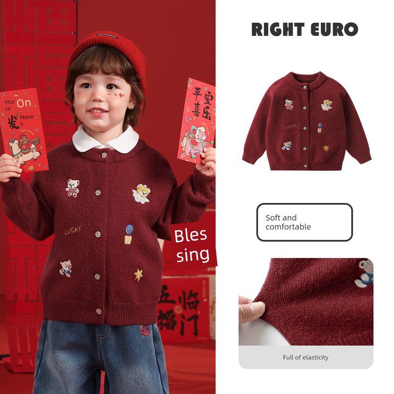 Right European Style Boys New Year Bear Sweater 2025 Winter New Cardigan Baby Top Knitted Jacket Children s Clothing Red 90
