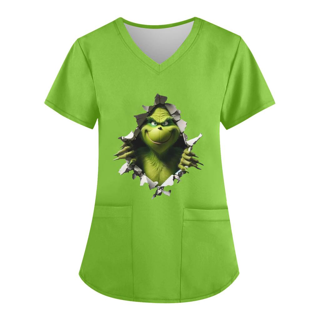 Women's V-neck Christmas Print Short-sleeved Pocket Side Slit Uniform Top