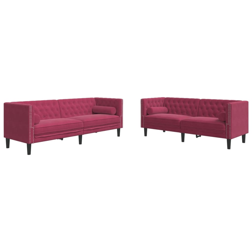 2 Piece Chesterfield Sofa Set with Neck Pillows Red Velvet