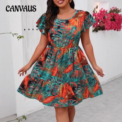 Plus Size Women's Print Waist Pinched Short Sleeve Fashion Casual Dress
