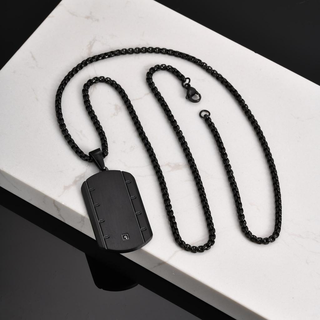Vnox Stylish Grooved Dogtag Necklaces for Men, Stainless Steel Dog Tags Square Pendant with Single Zircon, Trendy Jewelry Gifts