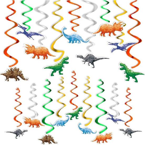 WERNNSAI Watercolor Dinosaur Party Hanging Swirl - 24Pcs Dinosaur Party Decorations for Girls Kids Birthday Baby Shower Foil Whirls Ceiling Streamers