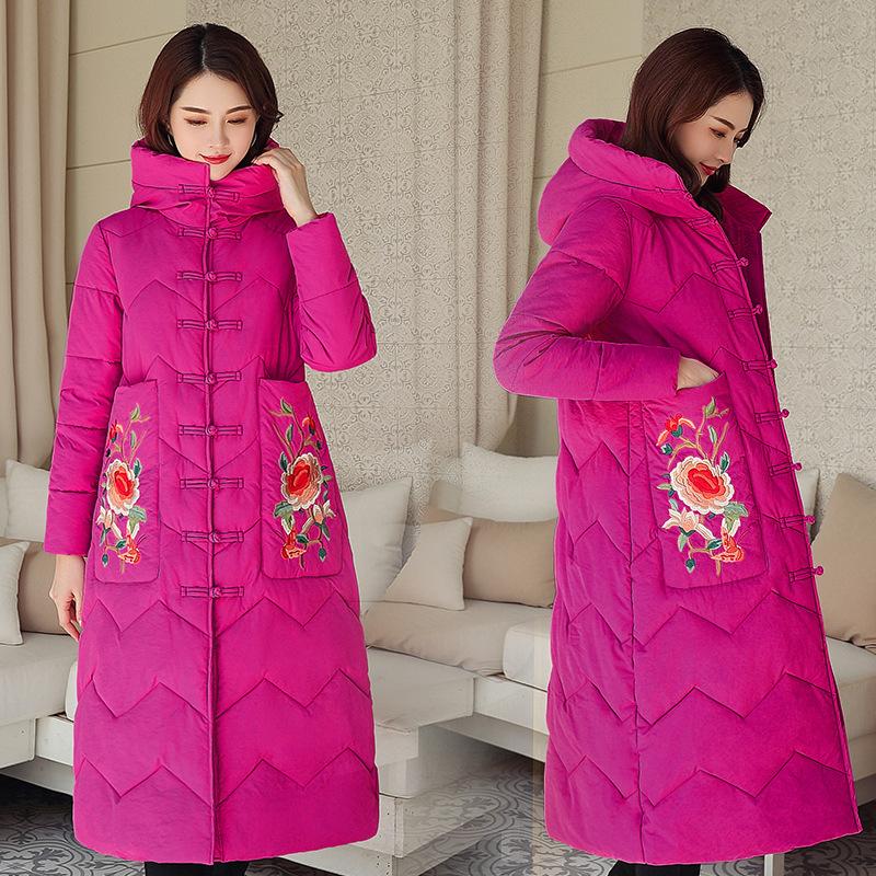 2025 plus-size long thickened Chinese style cotton jacket women's embroidered padded jacket winter over-the-knee buckle jacket