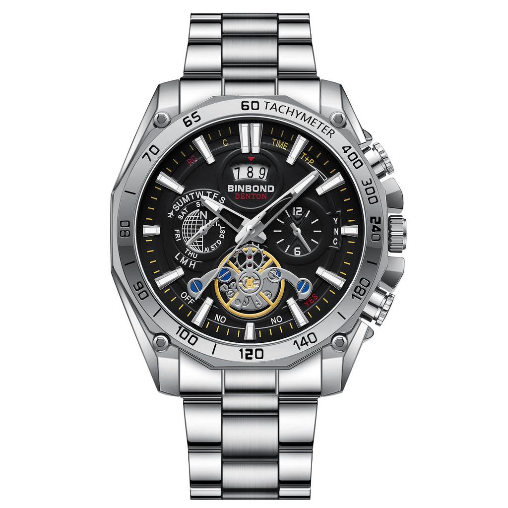 BINBOND Men's Luminous Trendy Tourbillon Steel Band Watch with Decorative Three Dials and Six Hands.