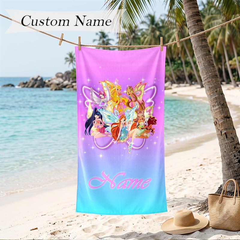 Winx Club Custom Name Printed Beach Towel Personalized Soft Towel For Swimming Beach Travel