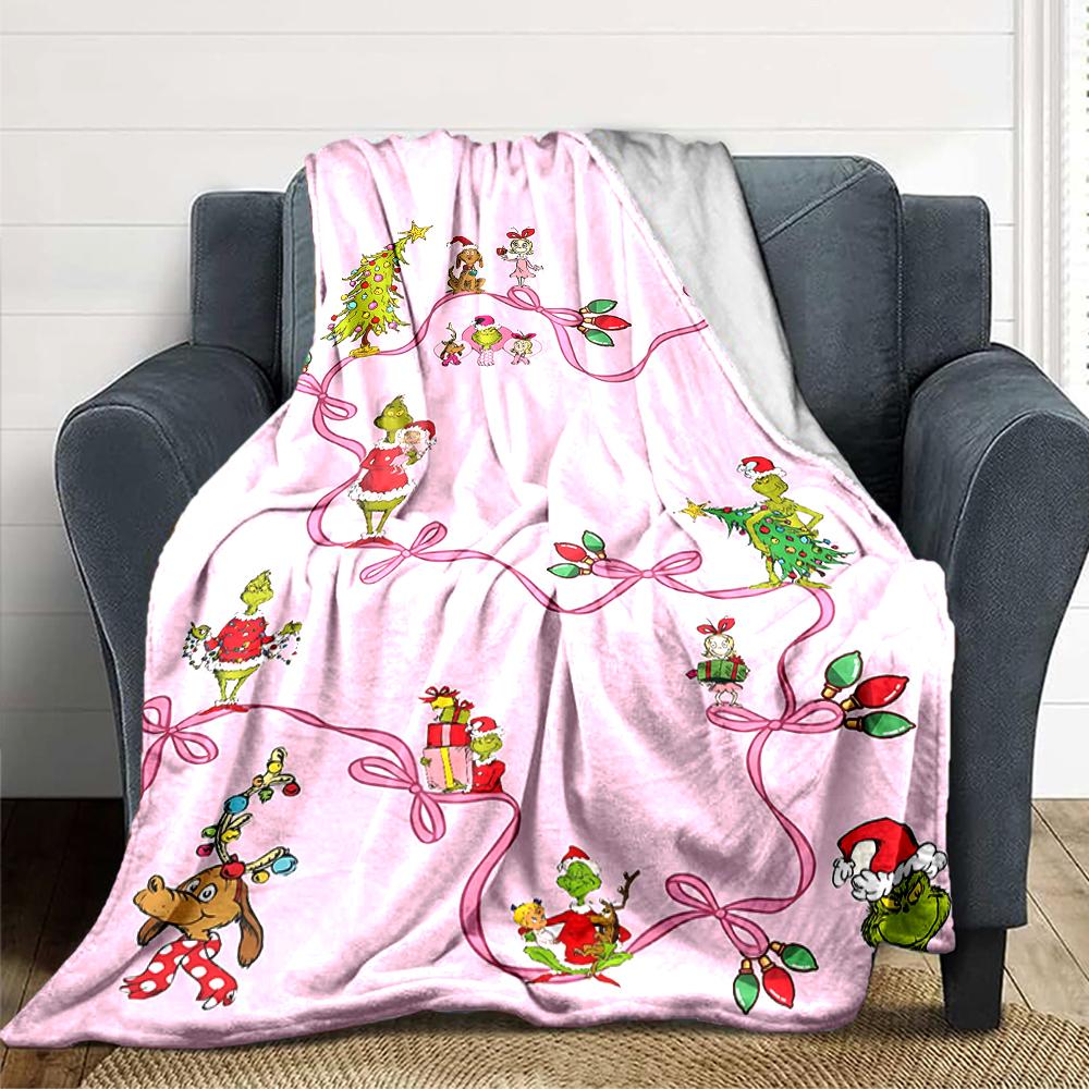 Christmas Grinch Lights Pink Blanket Soft Throw Blanket For Home Bedroom Bed Sofa Travel Office Solid Christmas Blanket