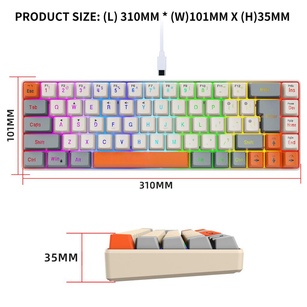 Game Keyboard 68-key Three-color Matching Keycap Key-line Separation RGB Backlit Membrane Keyboard