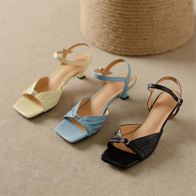 Fashion New Summer Sandals Sheep Leather Sandals for Women Fashion Buckle Square Toe Sandal Ladies Shoes Casual Shoes Women Sandals
