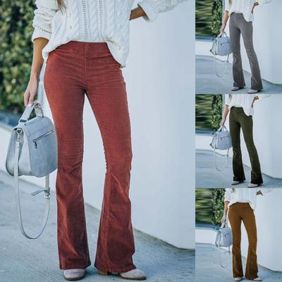 Ladies Solid Color Slim Fit Micro Flared Pants Elastic Waist Casual Pants Corduroy