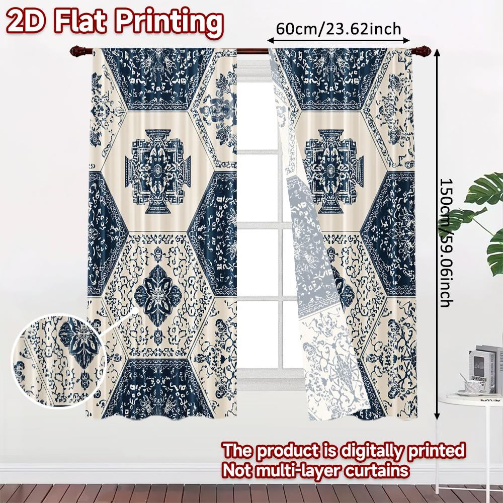 2 Stück 2D-Flachdruck-Vorhänge (Ohne Stange) Blaue Sechseck-Muster Halloween-Festival Mode Vorhänge Polyester Vorhänge