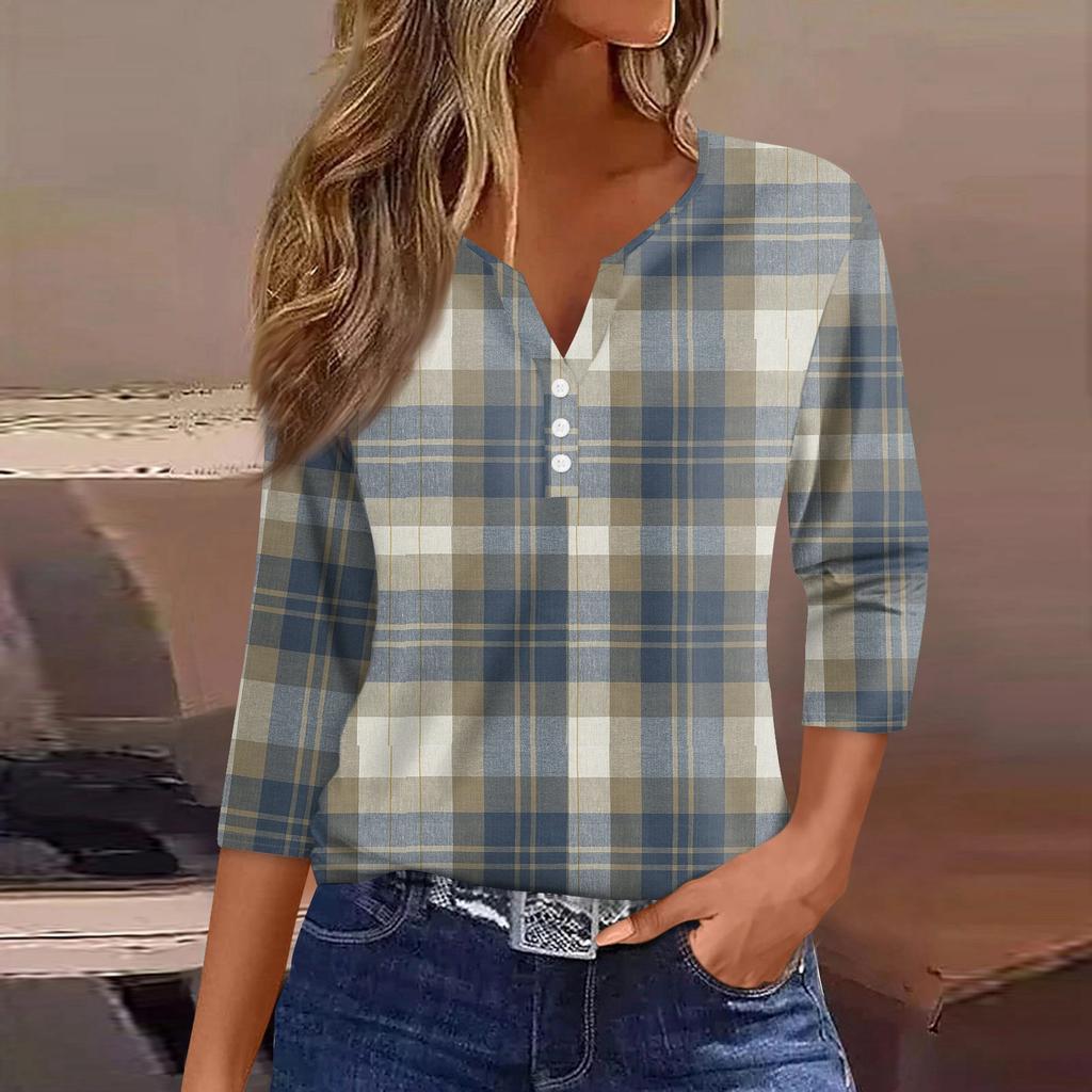 Damen T-Shirt Tee Bedruckt Knopf 3/4 Ärmel Tunika Täglich Wochenende Mode Basic V-Ausschnitt Reguläres Oberteil