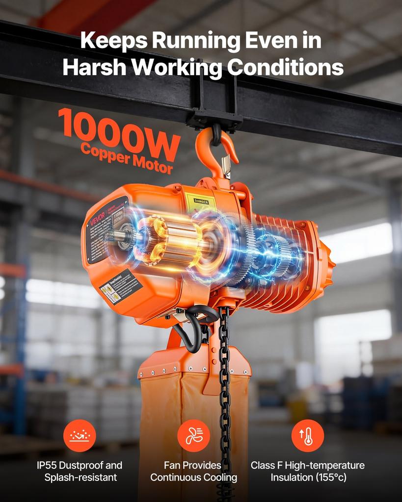 500 Kg Electric Chain Hoist, 6 M Lifting Height, Three-Phase Overhead Crane with 100 M Wireless & 4.5 M Wired Remote Control, Single G80 Chain Hoist