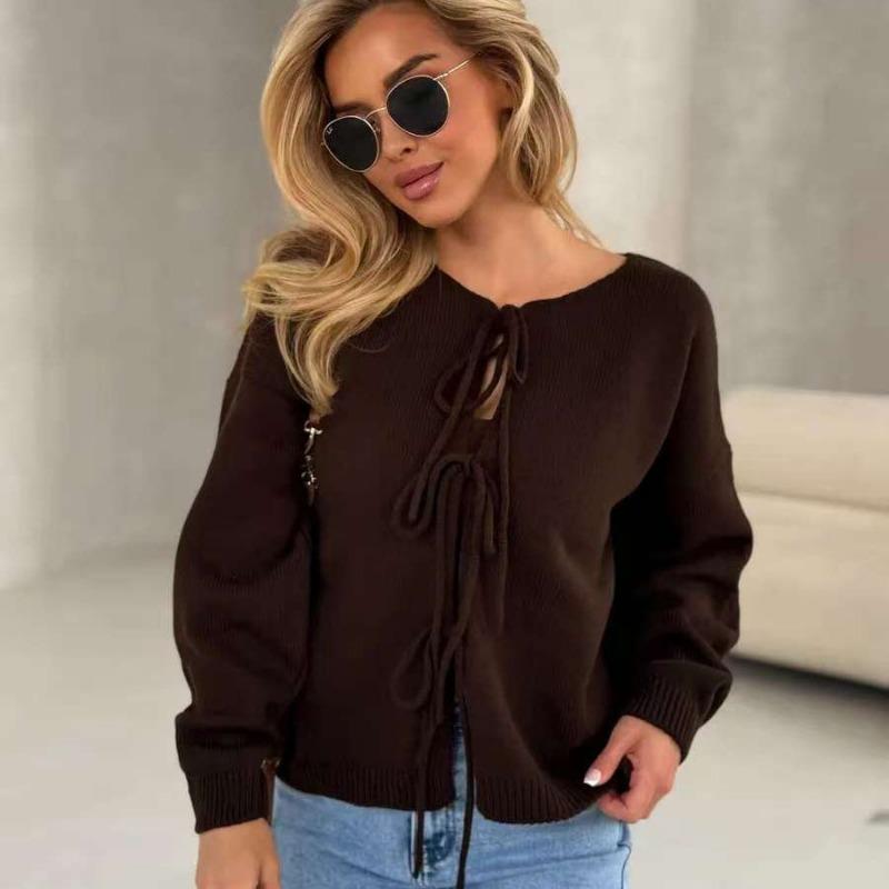 Lace-up Knitted Cardigan Autumn New Loose Round Neck Long-sleeved Sweater Women