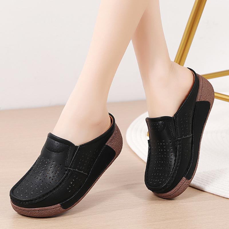 Women PU Leather Platform Slippers Hollow-out Fashion Casual Shoes Wedge Heels Casual Loafers Elegant Mother Shoes