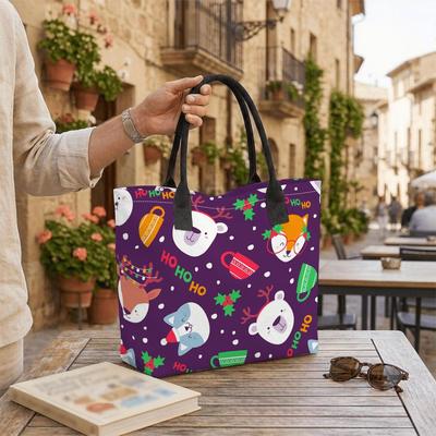  Christmas Cartoon Animal Print Tote Bag Large Capacity Casual Portable Handbag for Daily Shopping