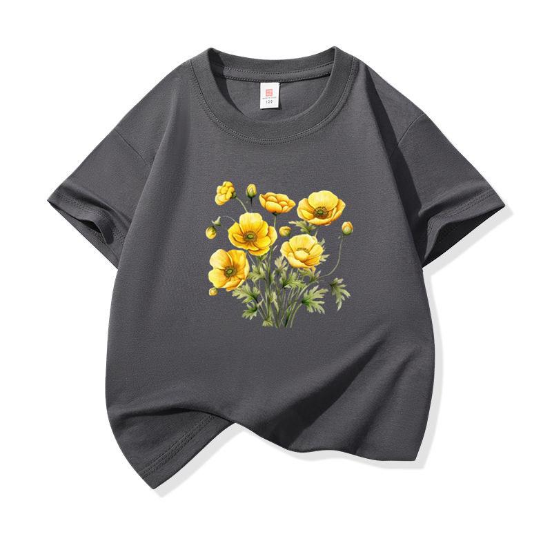 Kids Cotton T Shirt Yellow Buttercup Floral Print Crew Neck Short Sleeve Tee Casual Breathable Boys Girls Summer Tops 100