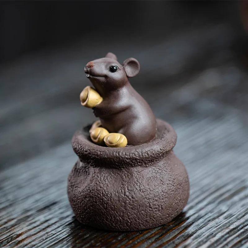 Handmade Yixing Purple Clay Tea Pet Decor Office Desktop Lucky Mouse Ornaments Home Tea Figurine Sculpture Decoration Crafts