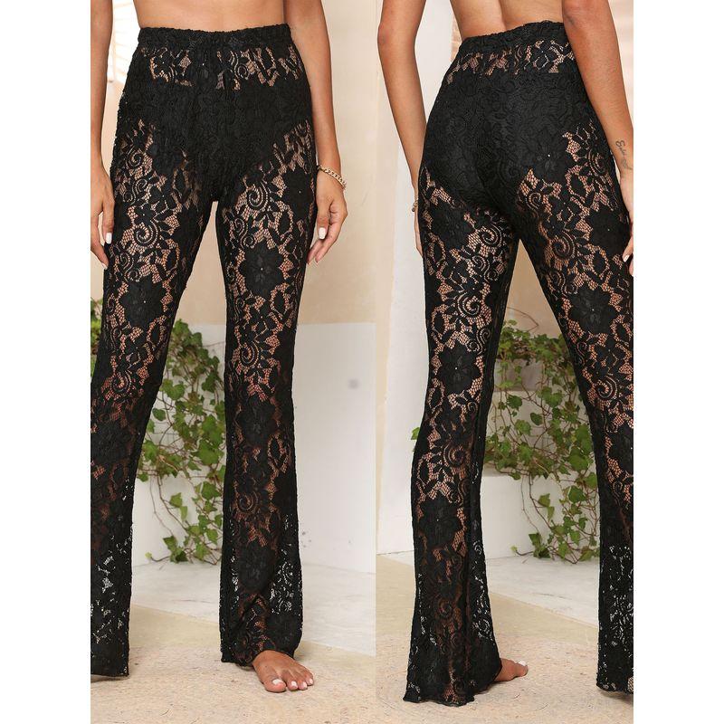 Sexy Sheer Lace Flared Pants European and American Sexy Perspective Flower Lace Pants Trumpet pants Trousers