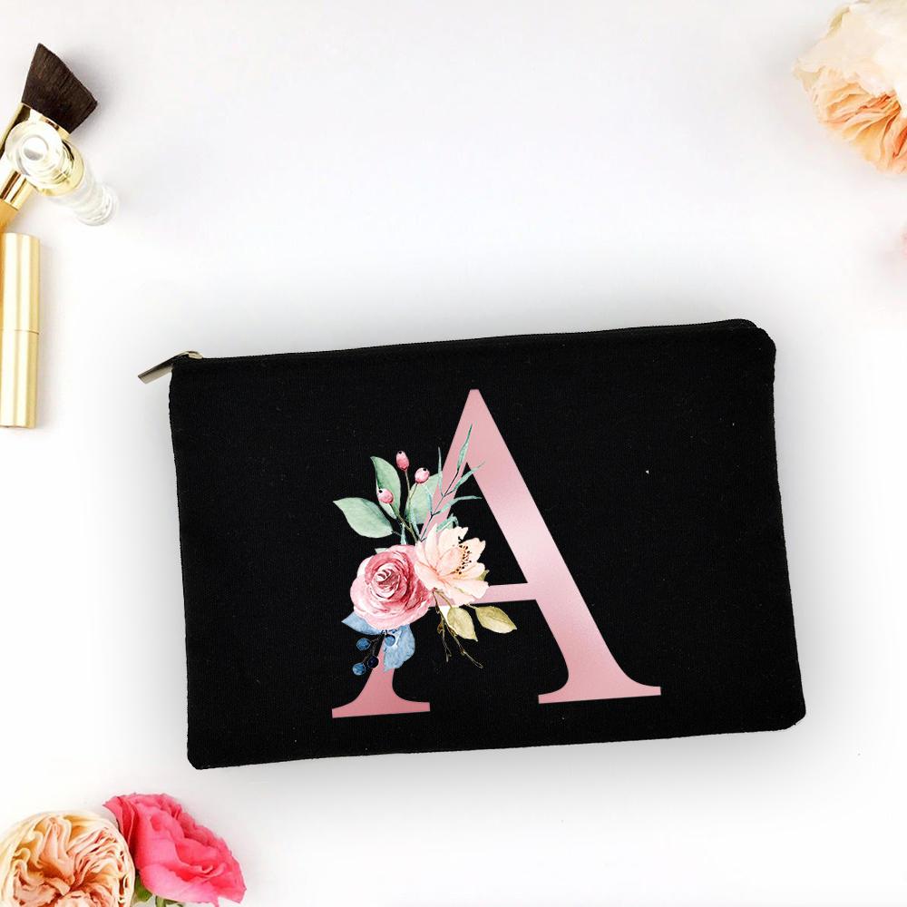 Pink Alphabet Flower A-Z Makeup Bag Make Up Pouch Women Shopping Travel Cosmetic Storage Lipstick Bags Large Capacity Organizer