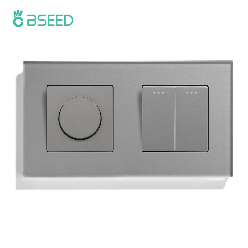 BSEED Mechanical Dimmer Fan Switch With 1/2/3Gang Wall Light Switches EU Socket USB Type-c Power Ports  2.1A Glass Panel