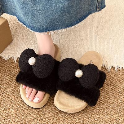 Pantoufles duveteuses à nœud perlé pour femmes, automne-hiver, idéales pour la maison, les sols en bois et le confinement. Pantoufles en coton doux et moelleux.